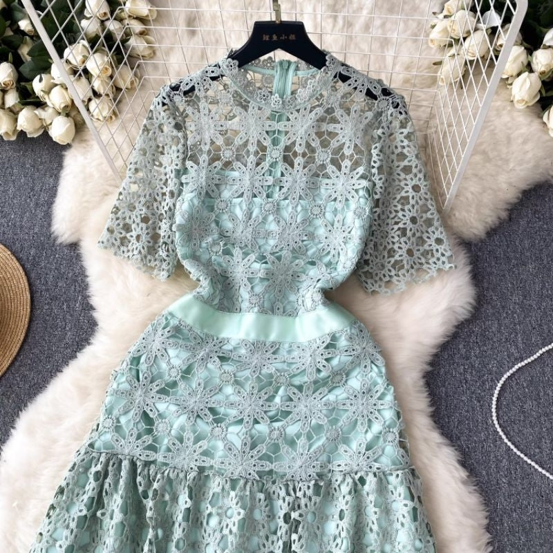 [READY] LD 88-100 Lilya MINT/PEACH Lace Brukat Midi Dress Korean Style Premium Fairlady_id 152