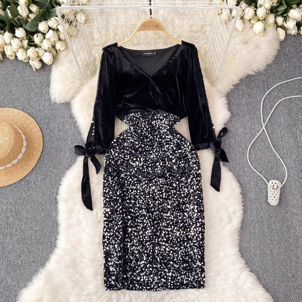 [READY] LD 84-92 Leia Velvet Sequin Pearl Dress Korean Style Premium Fairlady 169