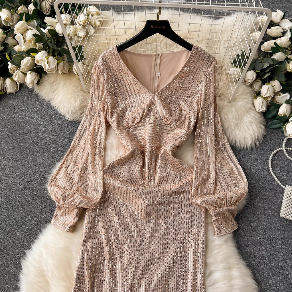 [READY STOCK] BIG LD 84-108 Ghania (Rose Gold) Sequin Maxi Long Sleeve Dress Pesta Korean Style Premium Fairlady 8/7