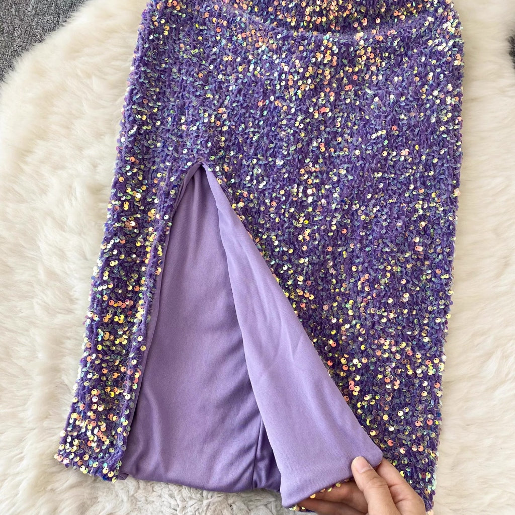 LD 80-92 Fion Purple Sequin Velvet Midi Dress