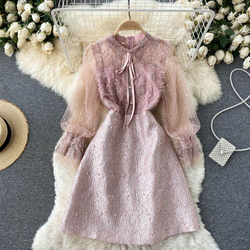 [READY] LD 86-98 Roxie Pink Jacquard Pearl Brukat Lace Dress Pesta Wanita Korean Style Fairlady_id