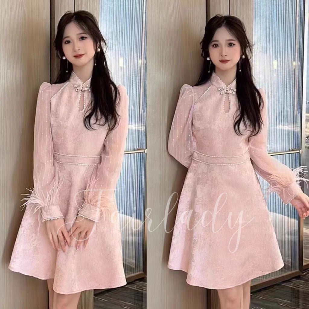 [READY] LD 92-104 Luna Pink Jacquard Lace Midi Dress