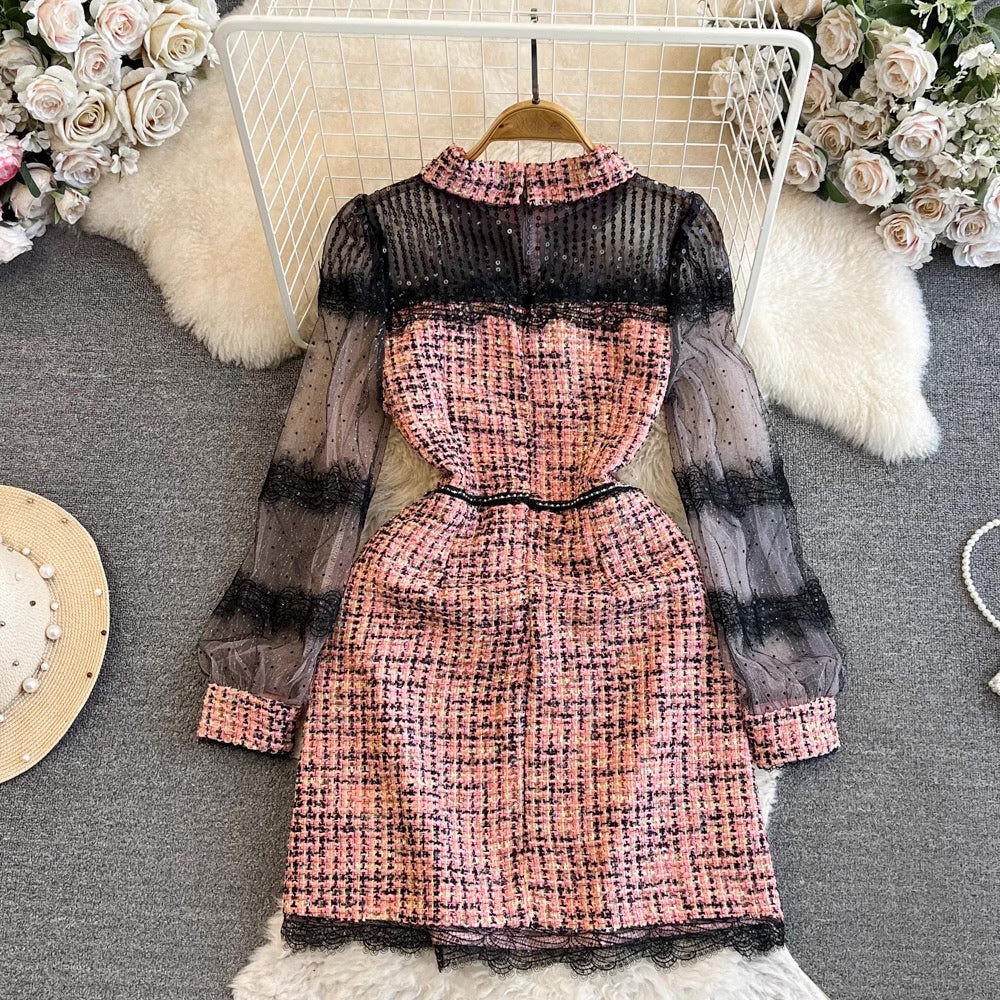 [READY] LD 92-96 Marzi Tweed Lace Pink-Black Dress