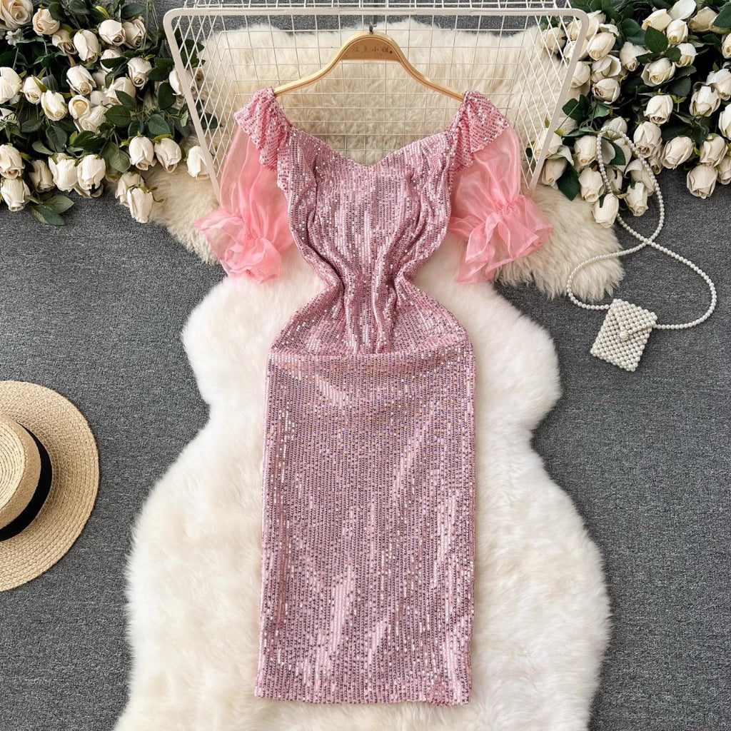 [READY STOCK] LD 76-104 Calista Pink Sequin Midi Dress Korean Style Premium Fairlady 10/07