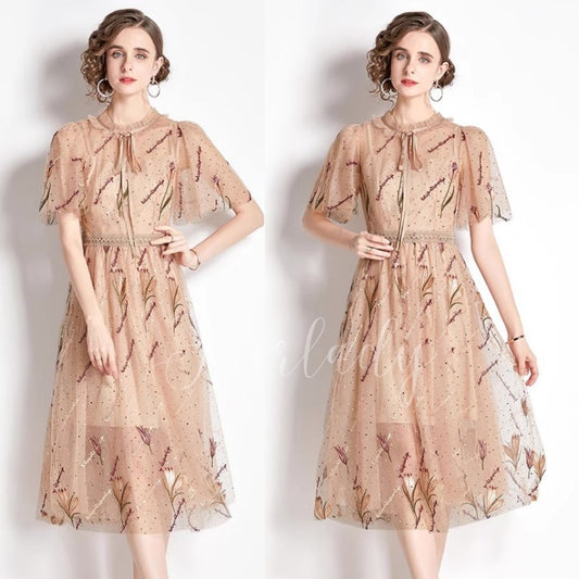 [READY] LD 90-92 Ashera Khaki Floral Brukat Lace Dress