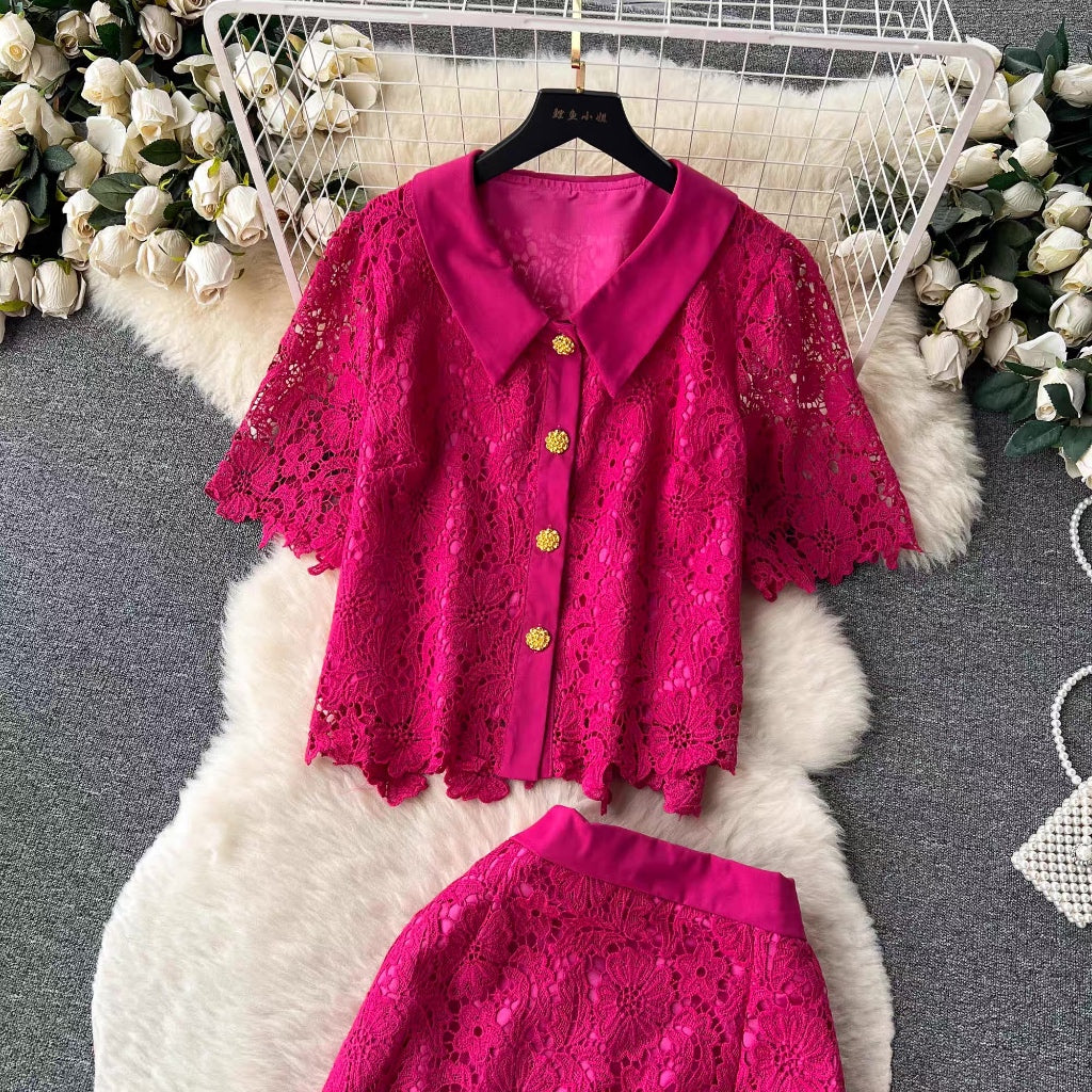 [READY] LD 100 Matilda Red/Fuchsia Brukat Set Top+Skirt