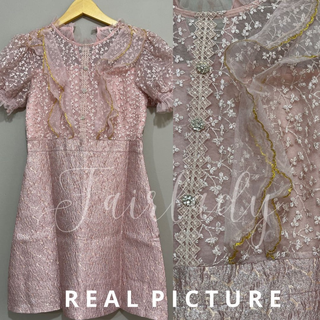 [READY] LD 90-96 Evadne Pink-Gold Brukat Lace Jacquard Dress Korea Premium Fairlady_id 181