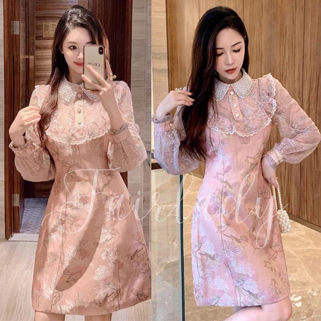 [READY] LD 90-98 Flavia Pink-Peach Jacquard Lace Dress Pesta Wanita Korean Style Premium Fairlady 181