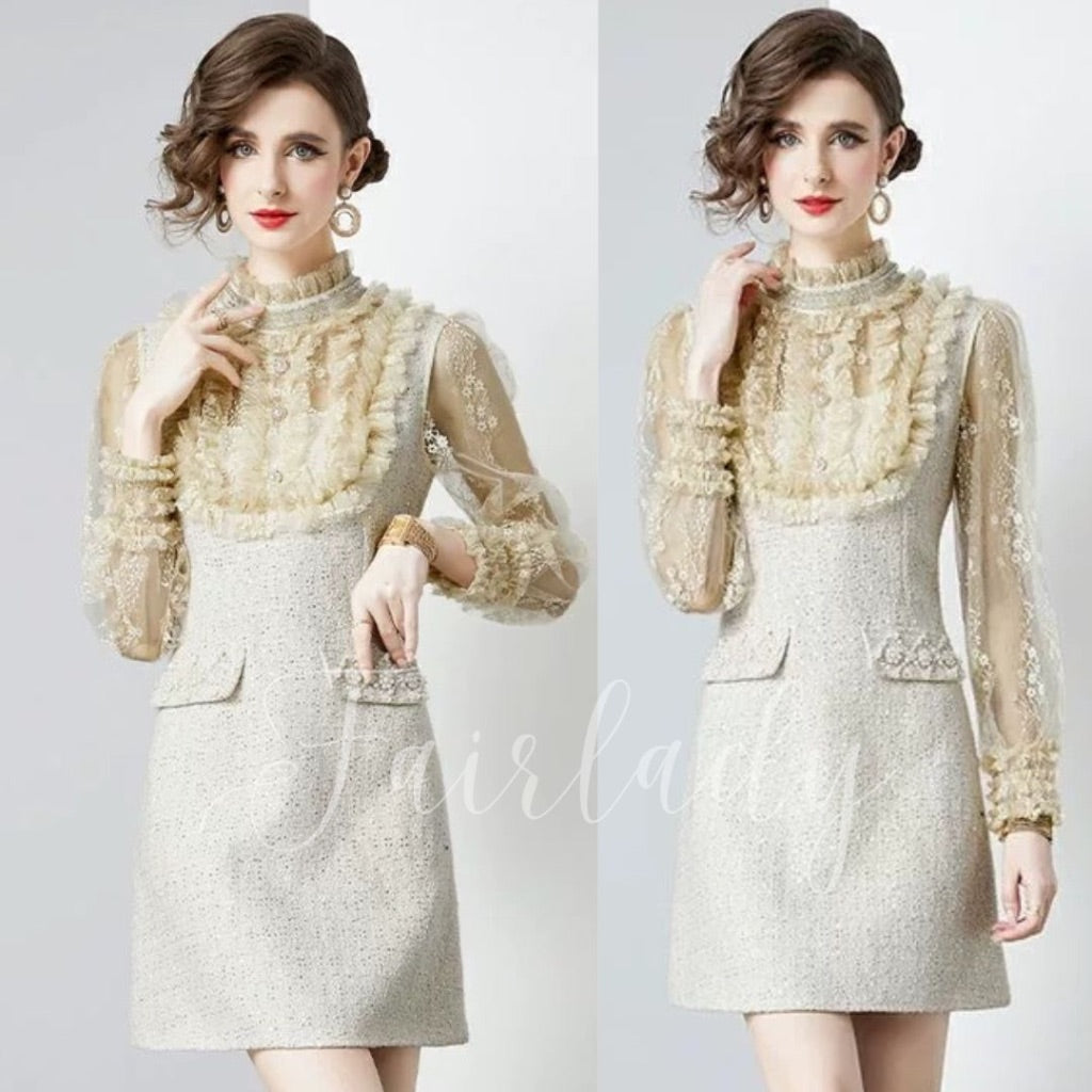 [READY] LD 92-100 Avery Almond Tweed Lace Dress Korean Style Premium Fairlady 22/02