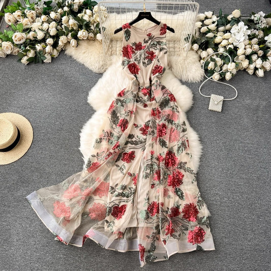 [READY STOCK] LD 88-106 Rose Sequin Maxi Khaki Dress Korean Style Premium Fairlady 10/07