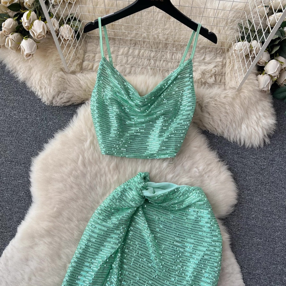 LD 86 Svetlana Green-Mint Sequin Set Top+Skirt