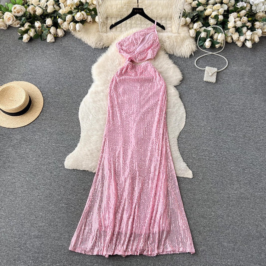 [READY STOCK] LD 78-86 Melinda Pink Sequin Maxi Dress Pesta One Shoulder Cut Out Korean Style Premium Fairlady 170