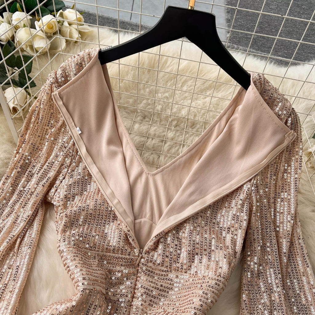 [READY STOCK] BIG LD 84-108 Ghania (Rose Gold) Sequin Maxi Long Sleeve Dress Pesta Korean Style Premium Fairlady 8/7