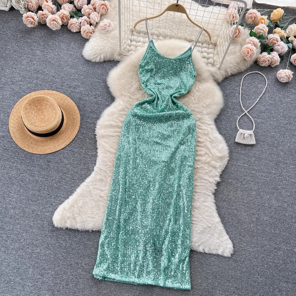 [READY] LD 72-92 Mila Mint-Green Sequin Party Maxi Dress