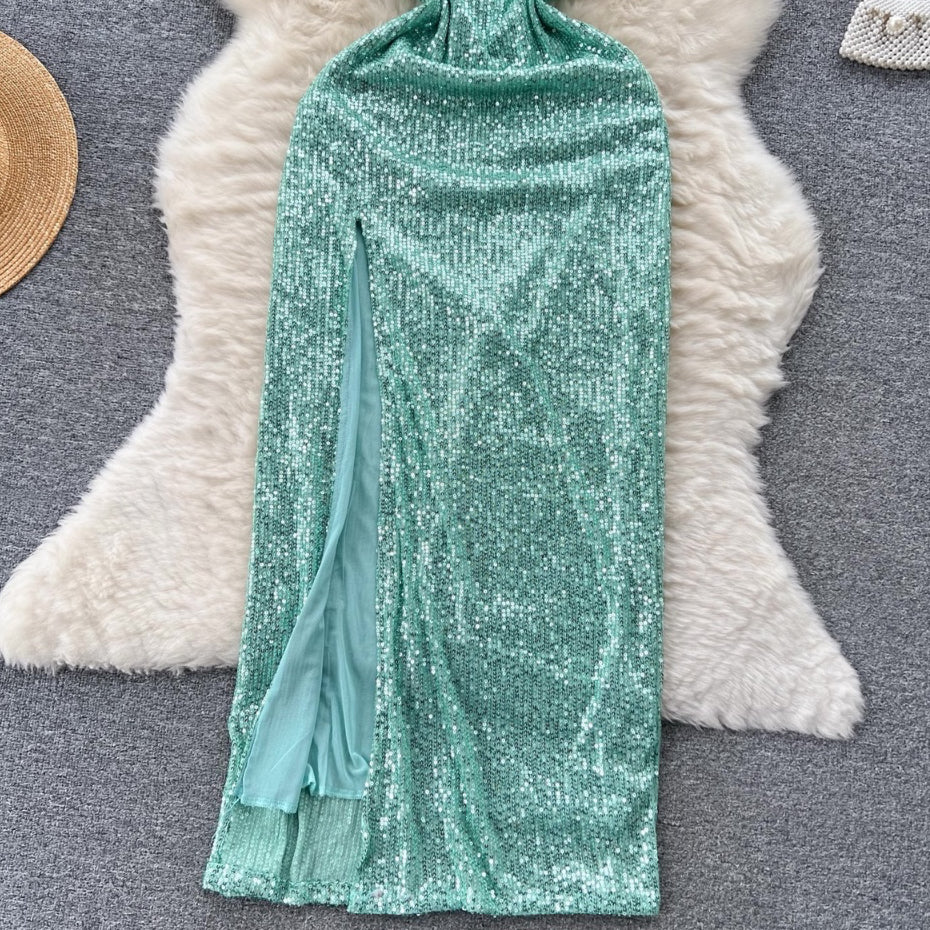 [READY] LD 72-92 Mila Mint-Green Sequin Party Maxi Dress