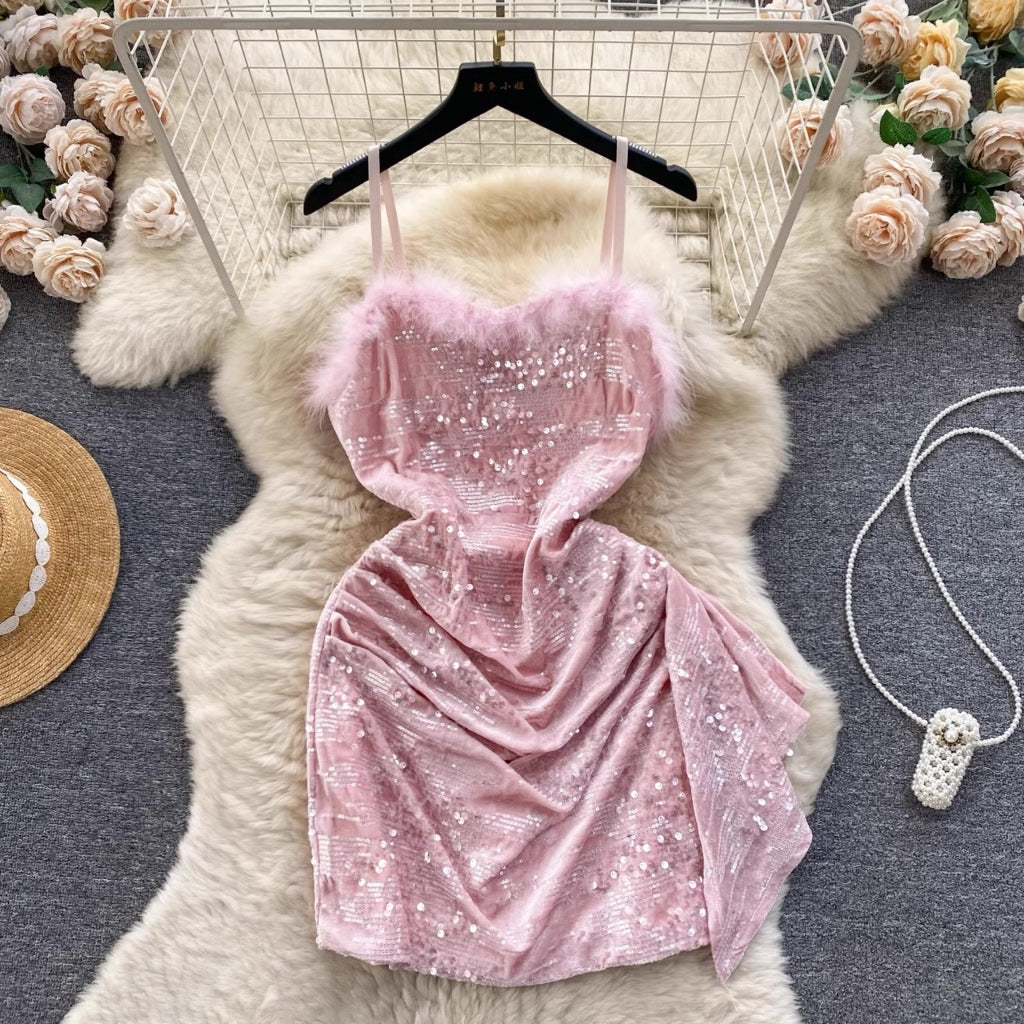 [READY] LD 80-92 Damaris Fur Sequin Mini Dress