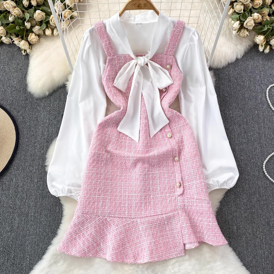 [READY] LD 88-90 Edna Pink Tweed Set Top+Overall Dress