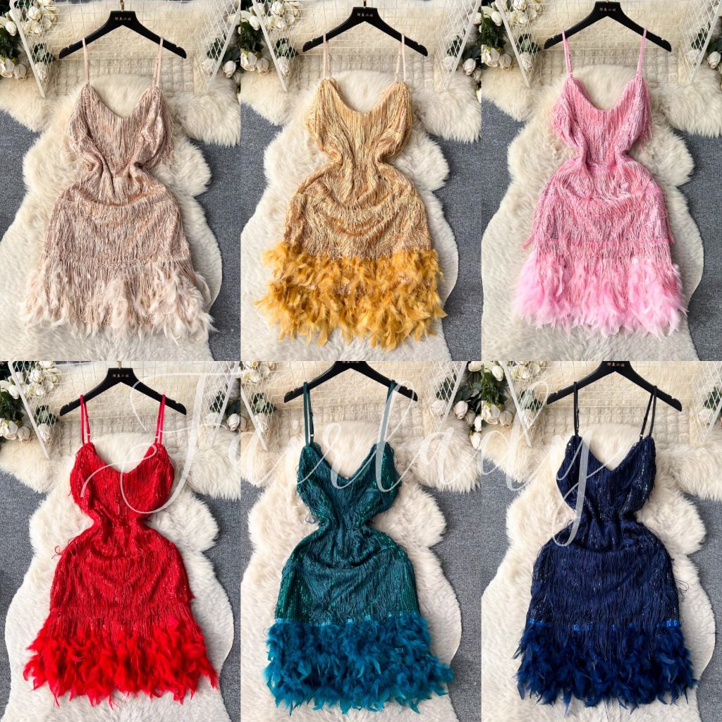 [READY STOCK] LD 84-90 Sheila Tassel Fur Sequin Party Mini Dress Pesta Korean Style Fairlady_id 05/06