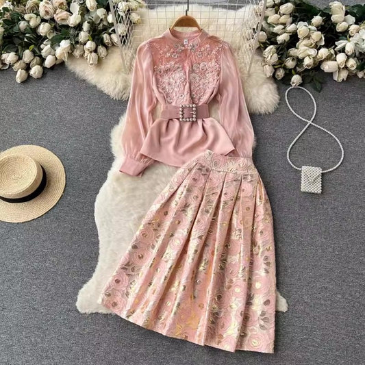 [READY STOCK] LD 94-110 Mary Pink Jacquard Set Top+Skirt Korea Premium Fairlady_id 10/07