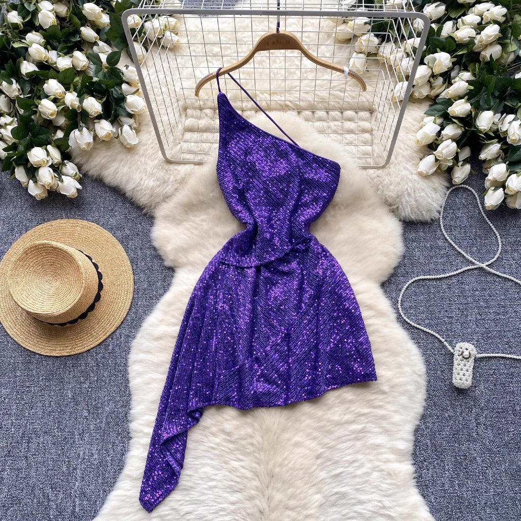 [READY STOCK] LD 66-86 Suha Purple Sequin Party Mini Dress Pesta Korea Wanita Korean Style Fairlady_id 11