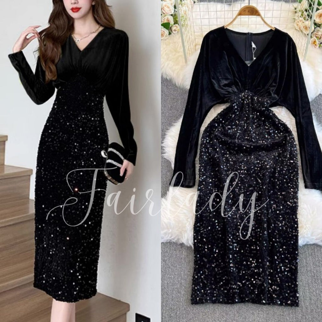 [READY STOCK] LD 98-106 Felicia Sequin Velvet Midi Dress Korean Style Premium Fairlady 10/07