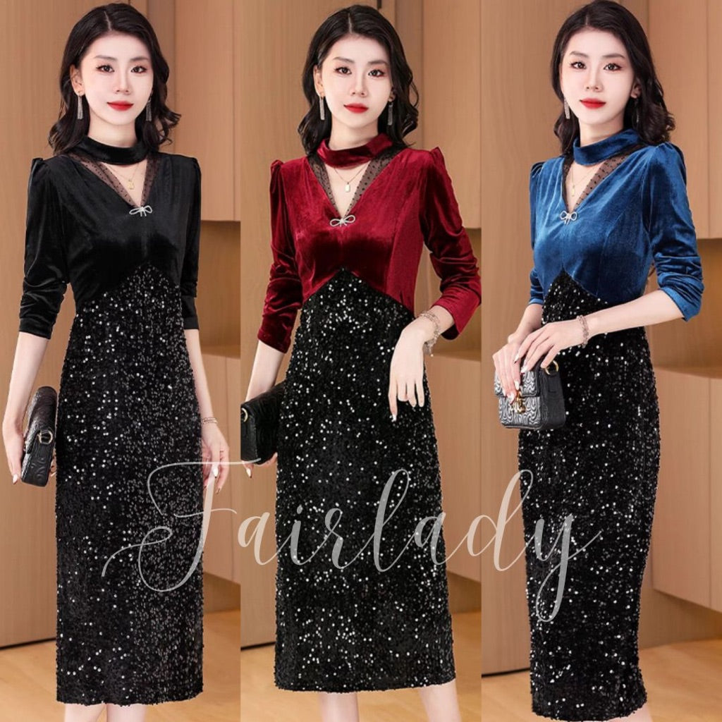 [READY STOCK] LD 86-96 Fausta Sequin Velvet Dress Midi Korean Style Premium Fairlady 10