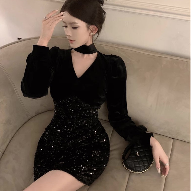 [READY STOCK] LD 82-90 Ashe Sequin Velvet Black Party Mini Dress Pesta Korean Style Premium Fairlady 11