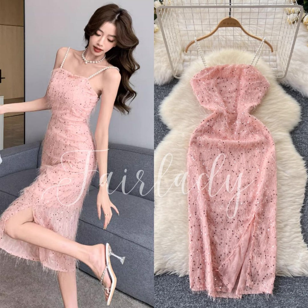 [READY STOCK] LD 82-88 Millie Pink Sequin Fur Dress Midi Korean Style Premium Fairlady 10