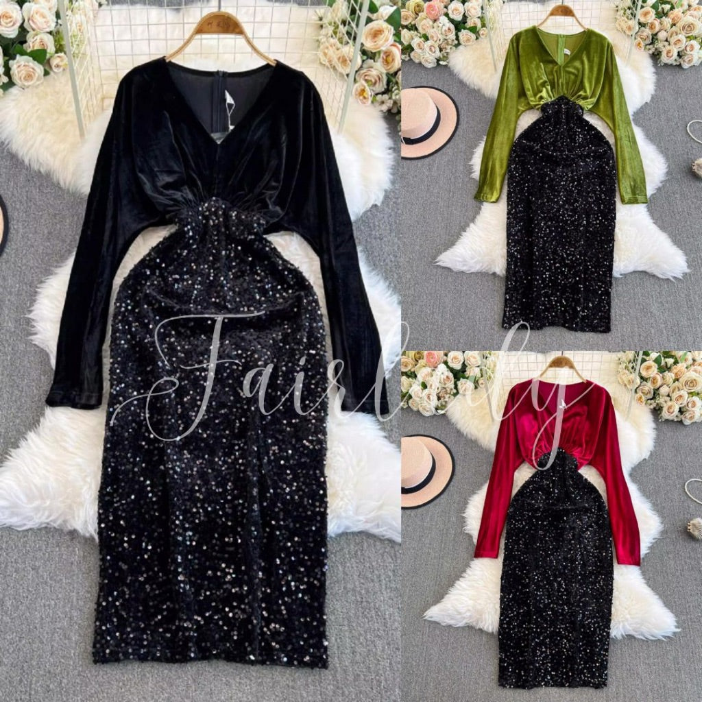 [READY STOCK] LD 98-106 Felicia Sequin Velvet Midi Dress Korean Style Premium Fairlady 10/07