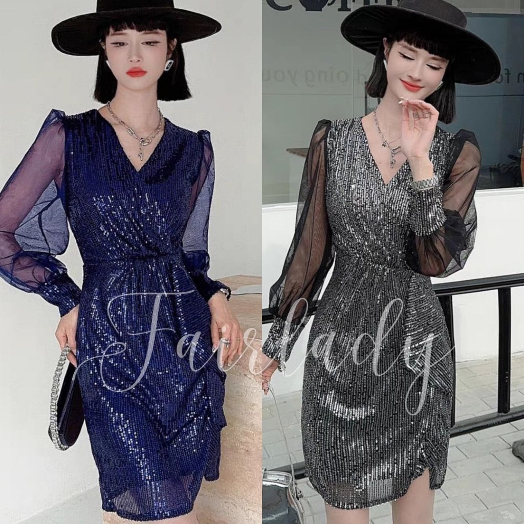 [READY STOCK] LD 80-98 Nayera Sequin Party Mini Dress V-NECK Ruffle Pesta Korea Wanita Korean Style Fairlady_id 12