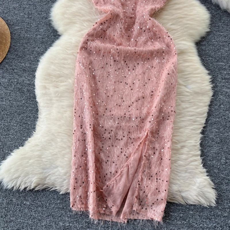 [READY STOCK] LD 82-88 Millie Pink Sequin Fur Dress Midi Korean Style Premium Fairlady 10