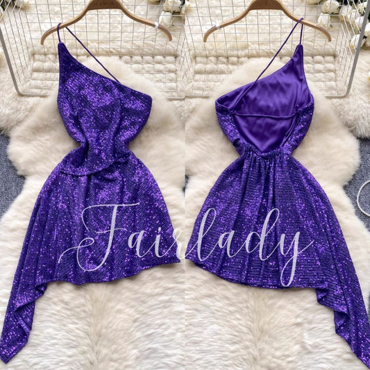 [READY STOCK] LD 66-86 Suha Purple Sequin Party Mini Dress Pesta Korea Wanita Korean Style Fairlady_id 11