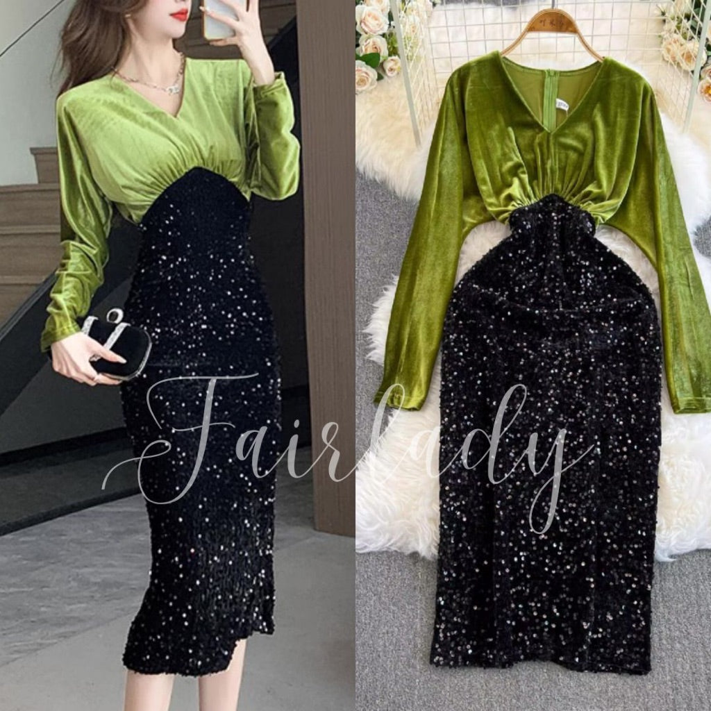 [READY STOCK] LD 98-106 Felicia Sequin Velvet Midi Dress Korean Style Premium Fairlady 10/07