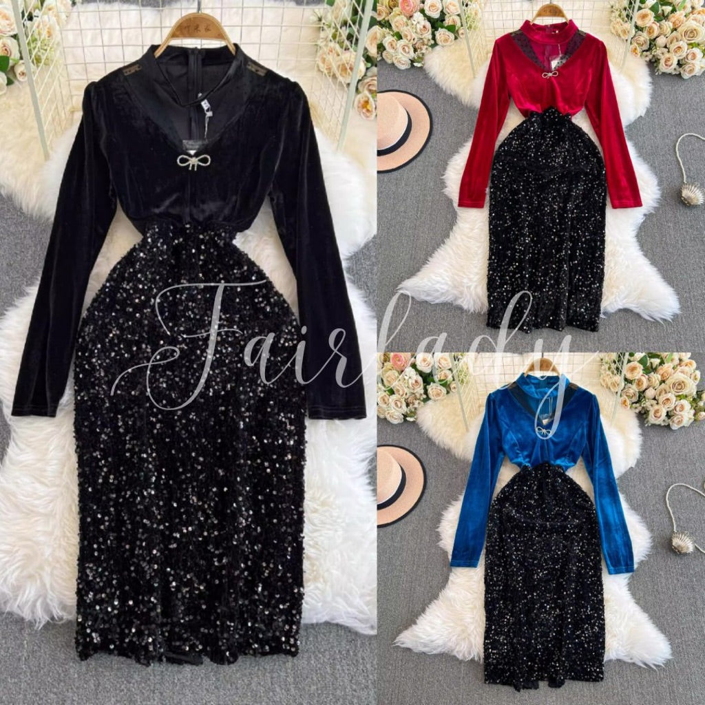 [READY STOCK] LD 86-96 Fausta Sequin Velvet Dress Midi Korean Style Premium Fairlady 10