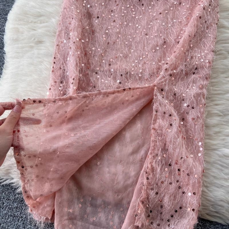 [READY STOCK] LD 82-88 Millie Pink Sequin Fur Dress Midi Korean Style Premium Fairlady 10