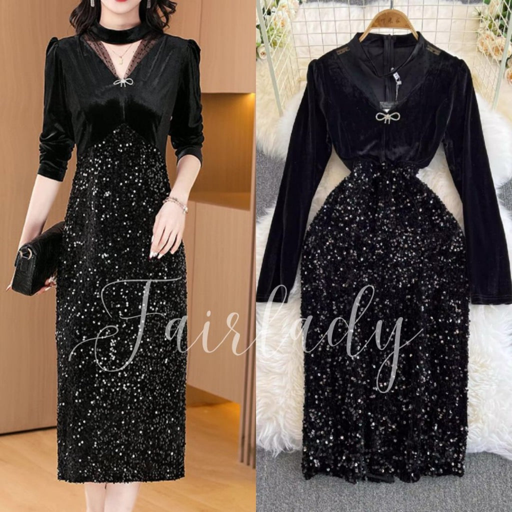 [READY STOCK] LD 86-96 Fausta Sequin Velvet Dress Midi Korean Style Premium Fairlady 10