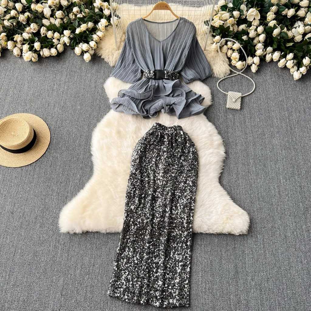 [READY STOCK] BIG SIZE Conna Sequin Party SIFON TOP+Skirt Korea Set Pesta Blink Wanita Korean Style Premium Fairlady_id 10