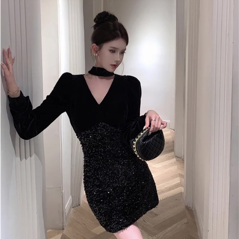 [READY STOCK] LD 82-90 Ashe Sequin Velvet Black Party Mini Dress Pesta Korean Style Premium Fairlady 11