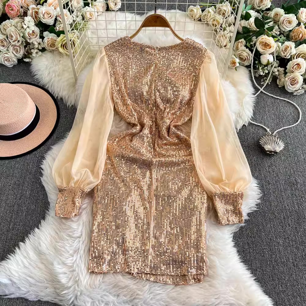 [READY STOCK] LD 80-98 Nayera Sequin Party Mini Dress V-NECK Ruffle Pesta Korea Wanita Korean Style Fairlady_id 12