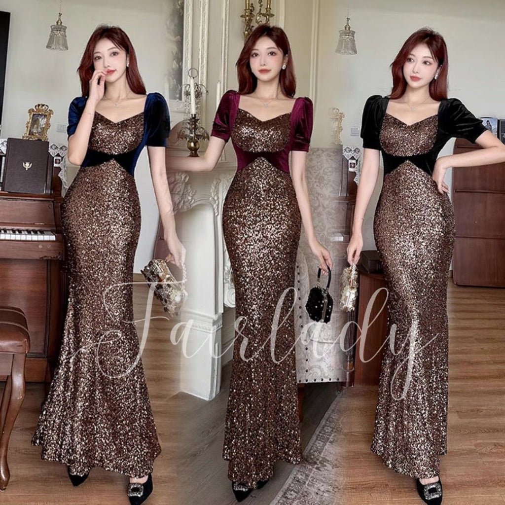 [READY STOCK] LD 80-96 Natalia Sequin Party Maxi Dress Velvet Pesta Korea Wanita Korean Style Fairlady_id 12