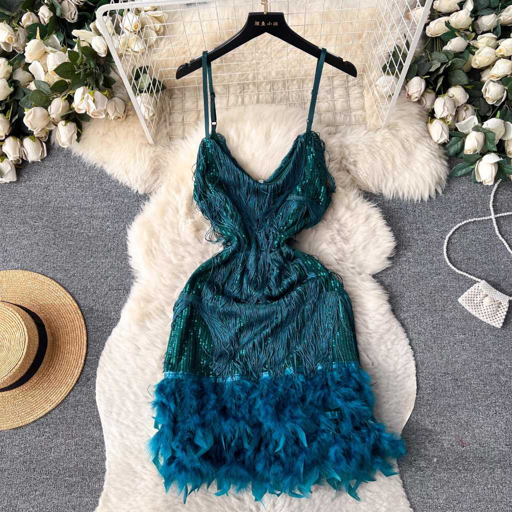 [READY STOCK] LD 84-90 Sheila Tassel Fur Sequin Party Mini Dress Pesta Korean Style Fairlady_id 05/06