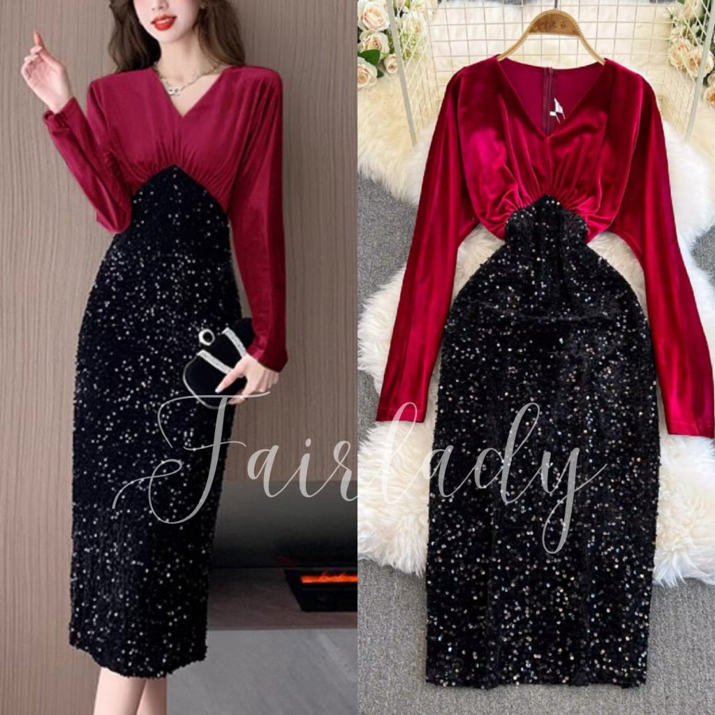 [READY STOCK] LD 98-106 Felicia Sequin Velvet Midi Dress Korean Style Premium Fairlady 10/07