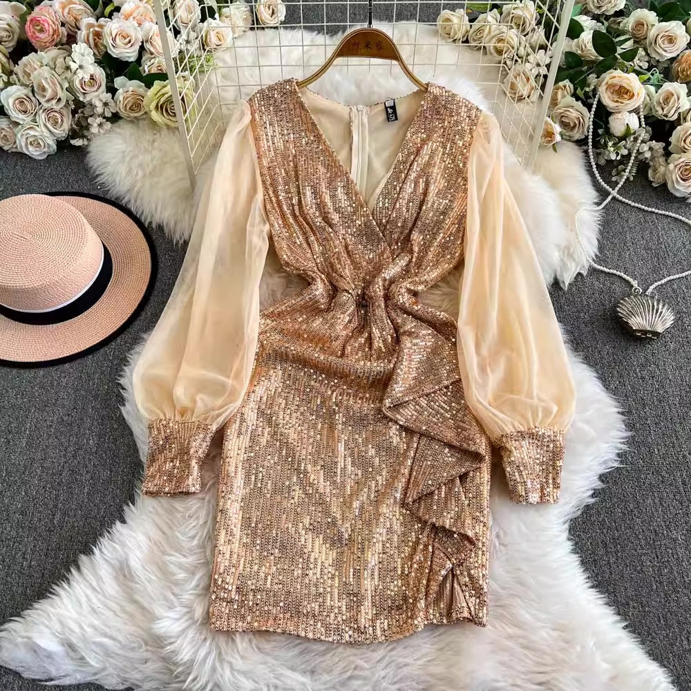 [READY STOCK] LD 80-98 Nayera Sequin Party Mini Dress V-NECK Ruffle Pesta Korea Wanita Korean Style Fairlady_id 12