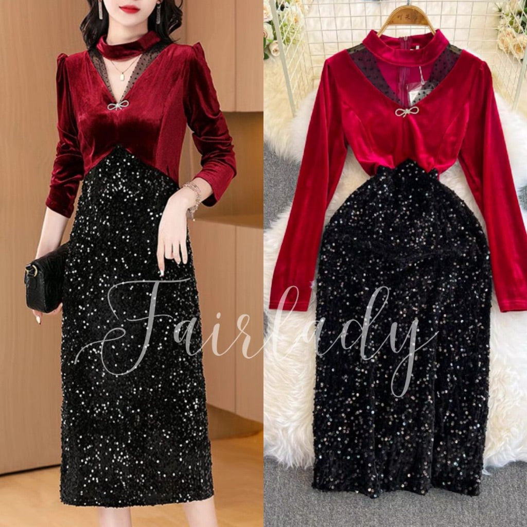 [READY STOCK] LD 86-96 Fausta Sequin Velvet Dress Midi Korean Style Premium Fairlady 10