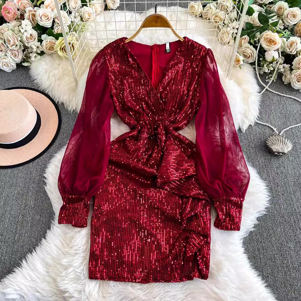 [READY STOCK] LD 80-98 Nayera Sequin Party Mini Dress V-NECK Ruffle Pesta Korea Wanita Korean Style Fairlady_id 12