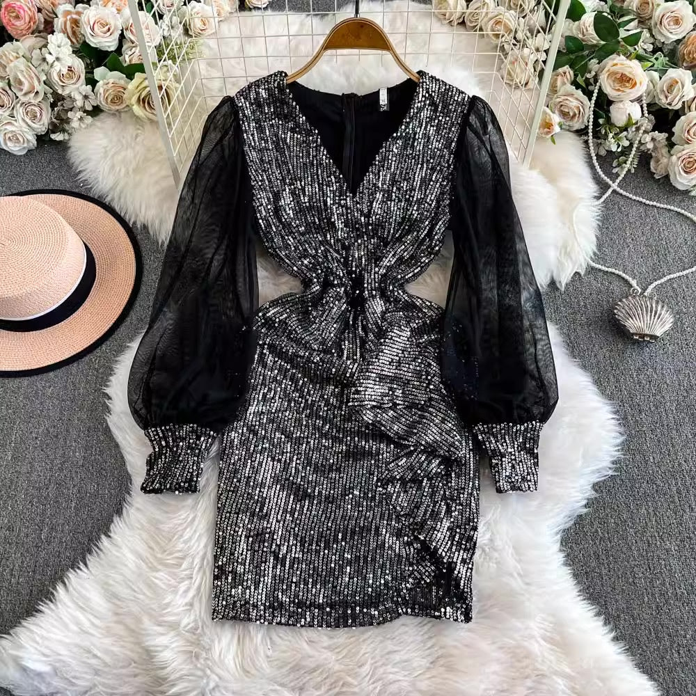 [READY STOCK] LD 80-98 Nayera Sequin Party Mini Dress V-NECK Ruffle Pesta Korea Wanita Korean Style Fairlady_id 12