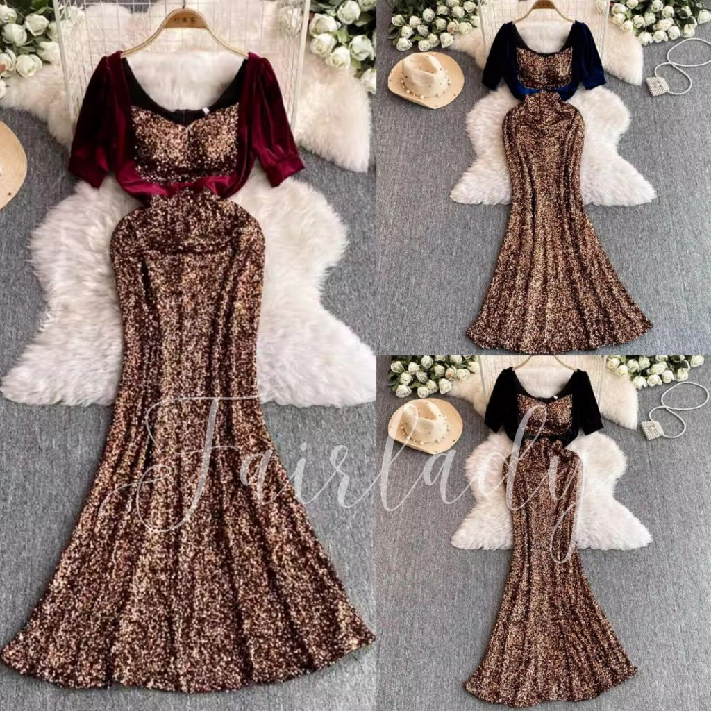 [READY STOCK] LD 80-96 Natalia Sequin Party Maxi Dress Velvet Pesta Korea Wanita Korean Style Fairlady_id 12