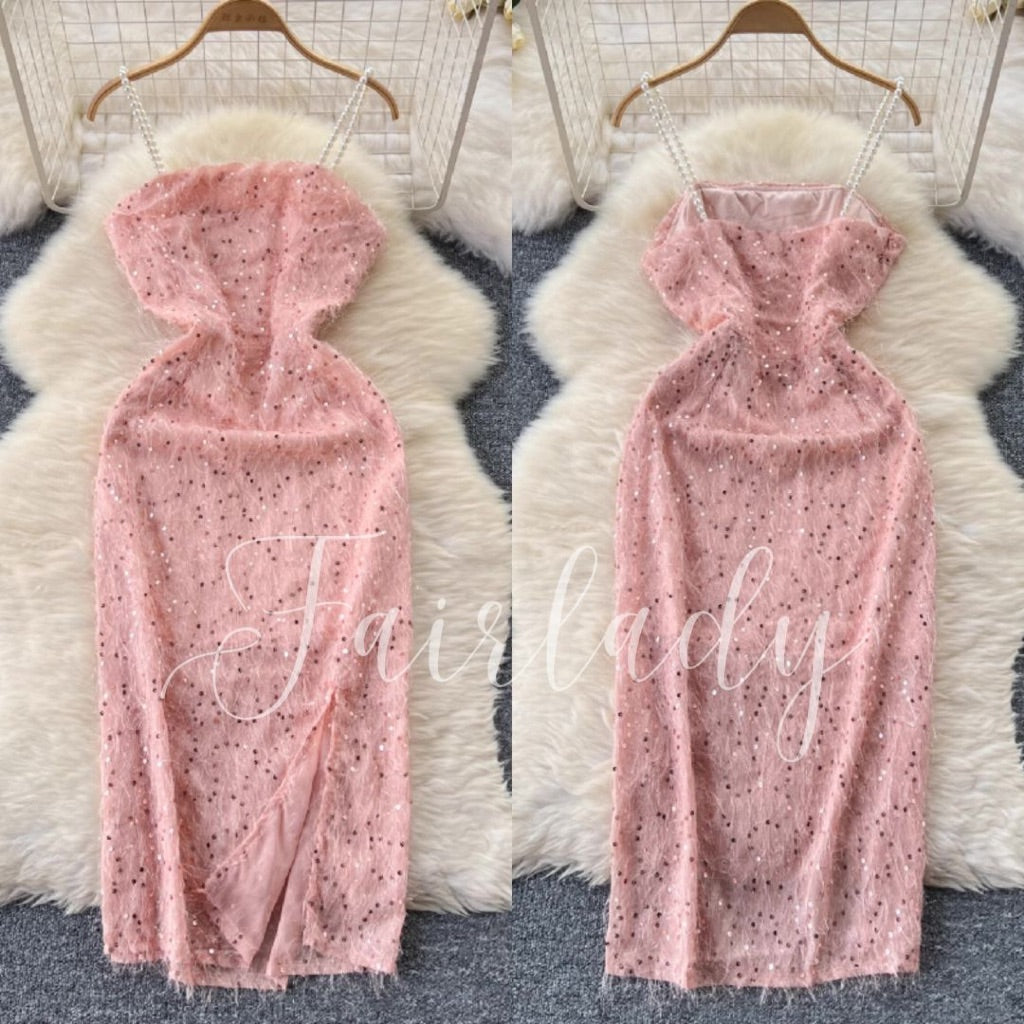 [READY STOCK] LD 82-88 Millie Pink Sequin Fur Dress Midi Korean Style Premium Fairlady 10