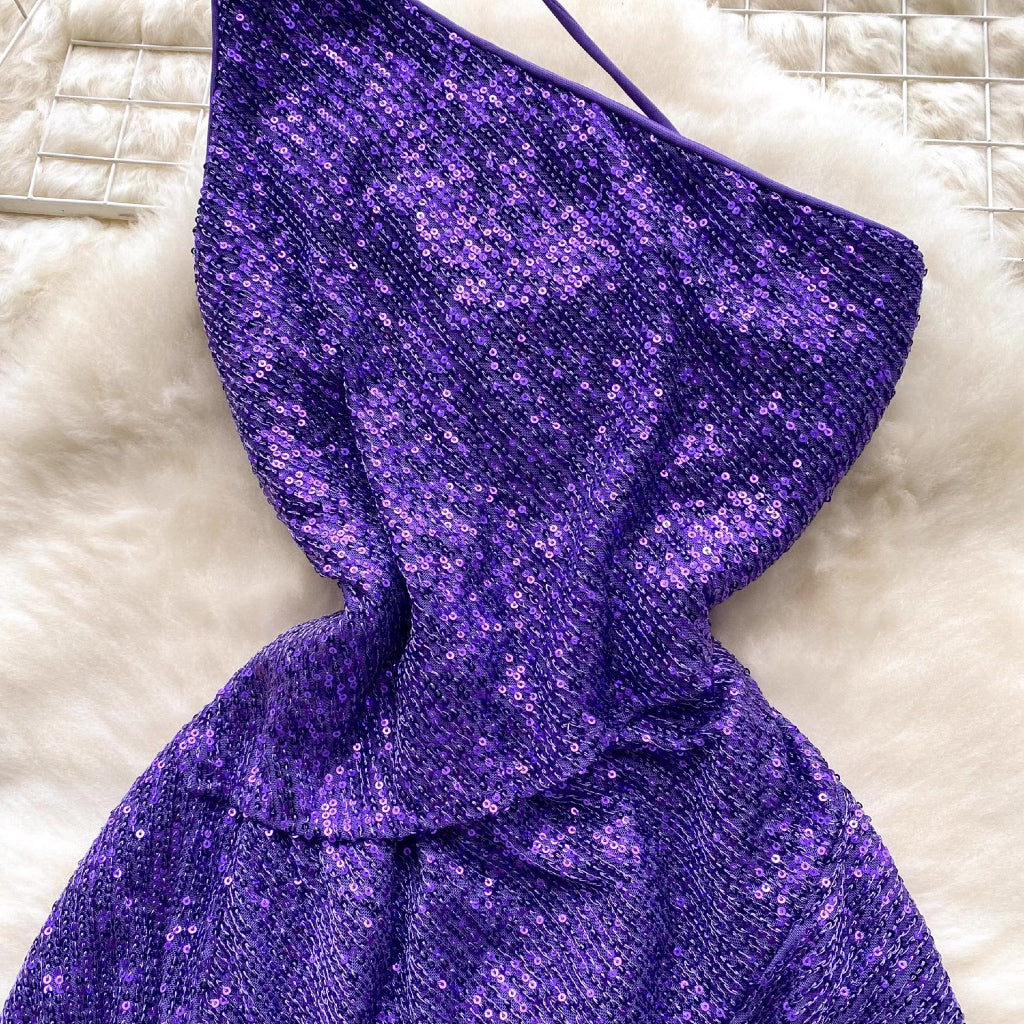 [READY STOCK] LD 66-86 Suha Purple Sequin Party Mini Dress Pesta Korea Wanita Korean Style Fairlady_id 11