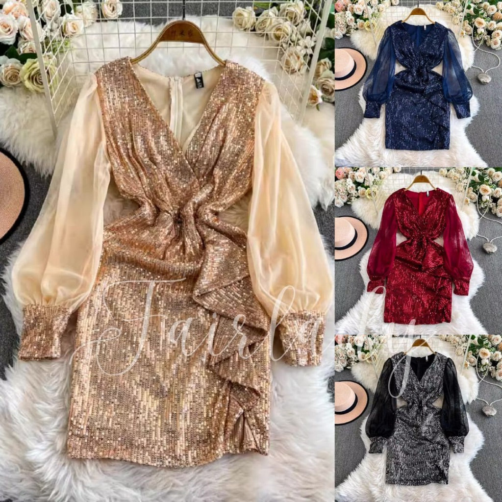 [READY STOCK] LD 80-98 Nayera Sequin Party Mini Dress V-NECK Ruffle Pesta Korea Wanita Korean Style Fairlady_id 12